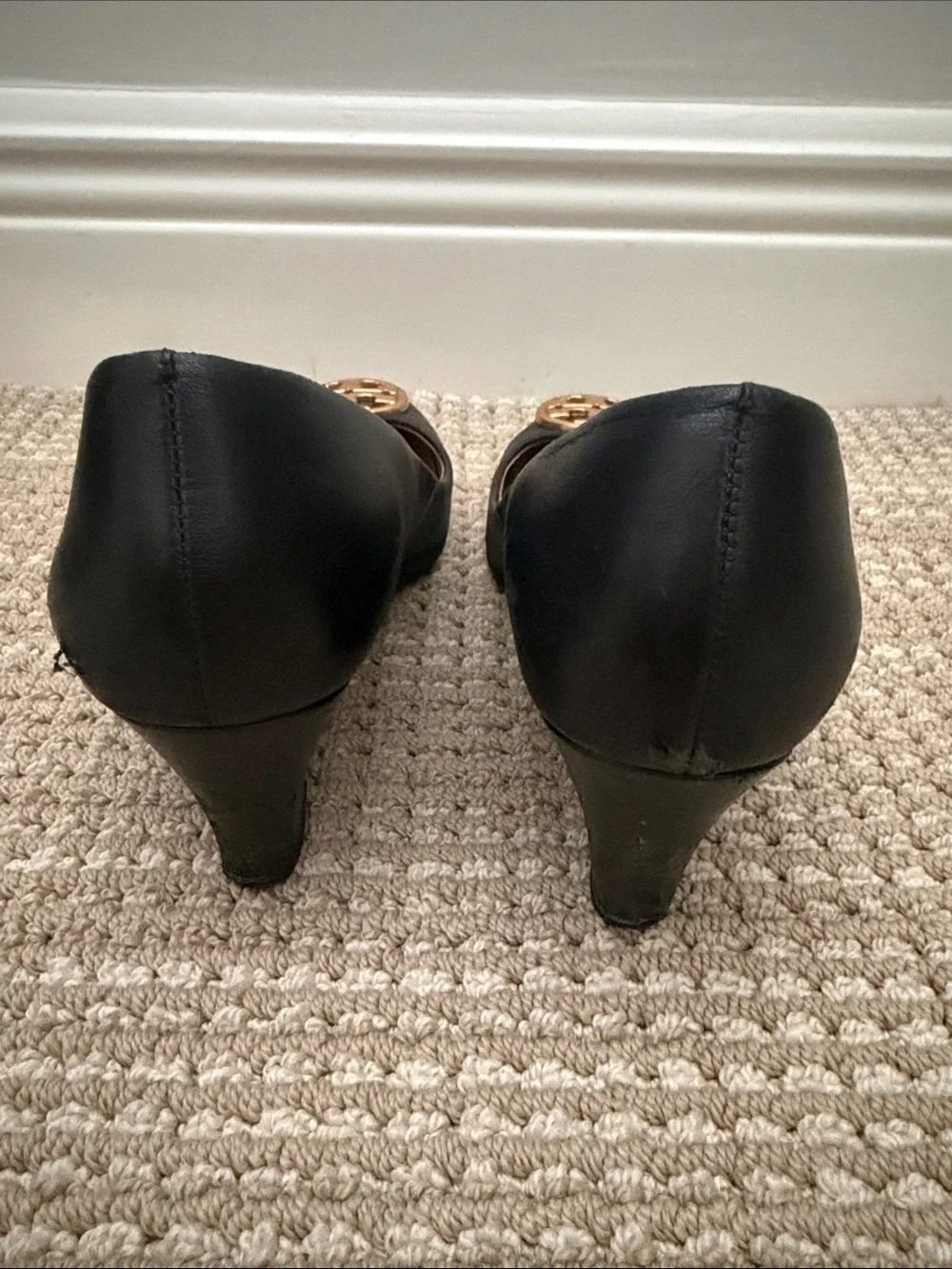 Tory Burch Black Leather Logo wedge with Gold